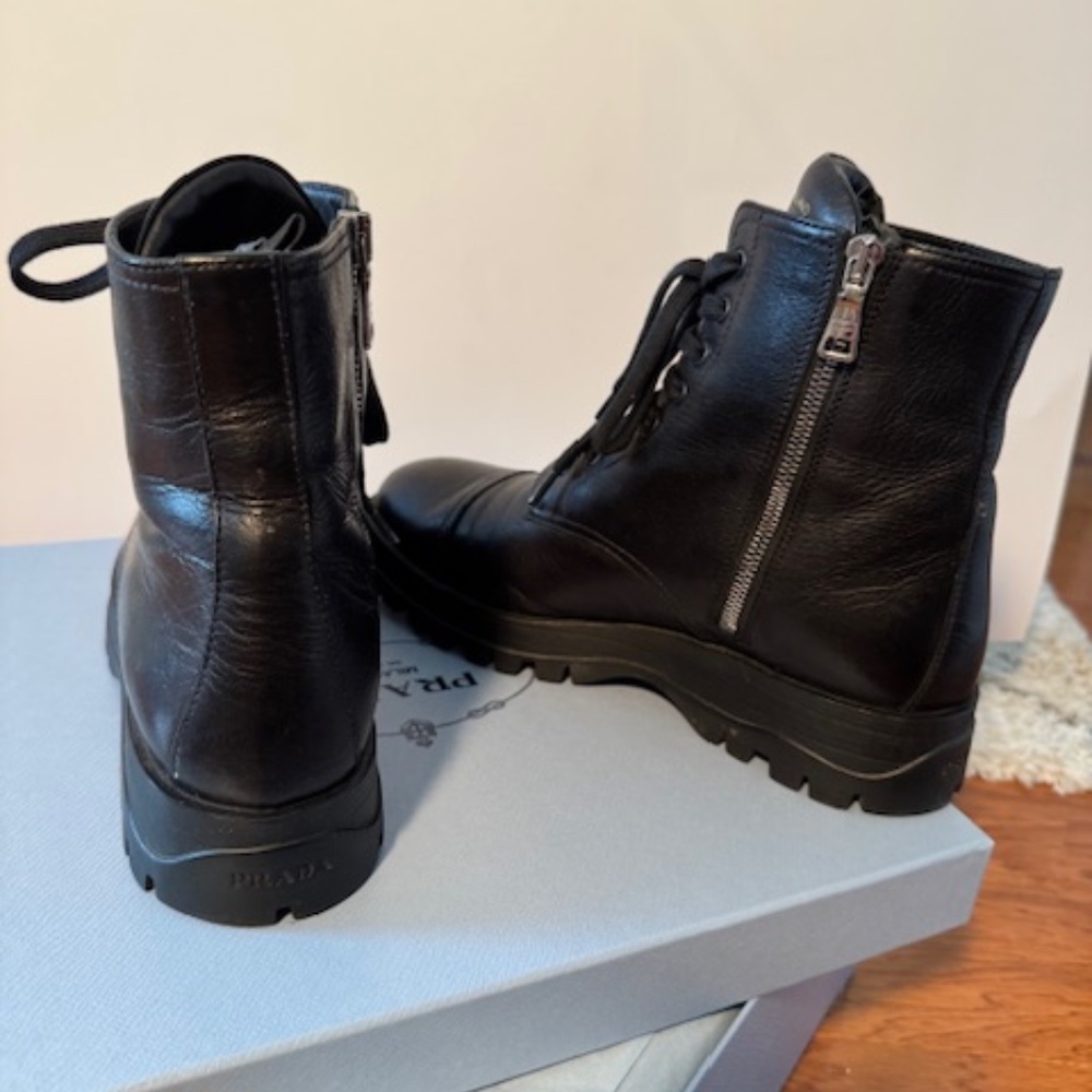 PRADA Black Leather Lug Sole Combat Boots Size 39 1/2 EU / 9,5 US - Picture 11 of 16